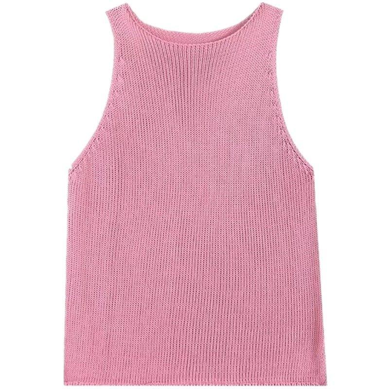 

Fashion Style 2024 Summer New Arrival Women s Clothing Easiest for Match Casual Sweet round Neck Knitting I-Shaped Tank Top Sleeveless T-shirt Pink S