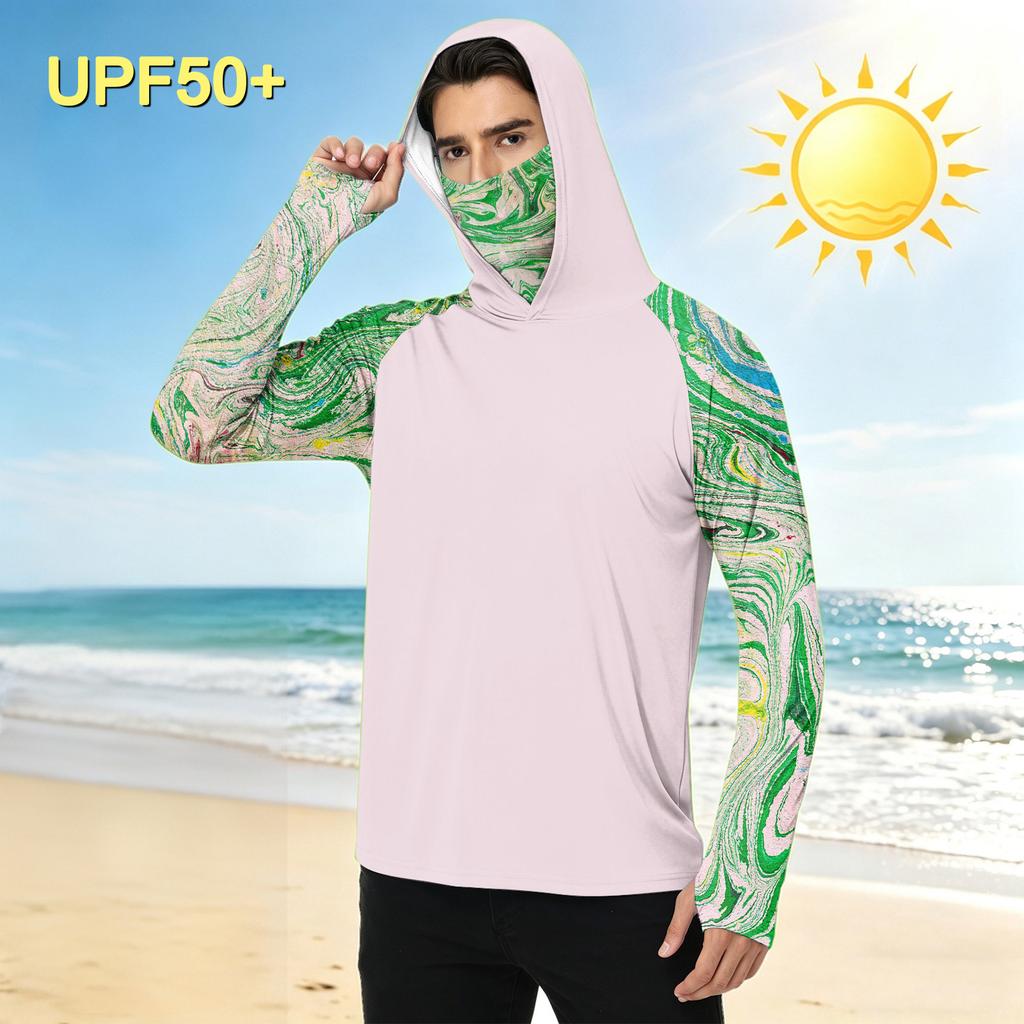 Men's Casual Outdoor Hooded Long Sleeve Sun Protection Shirt Tie Dye Print Lightweight Breathable Quick Dry Fabric