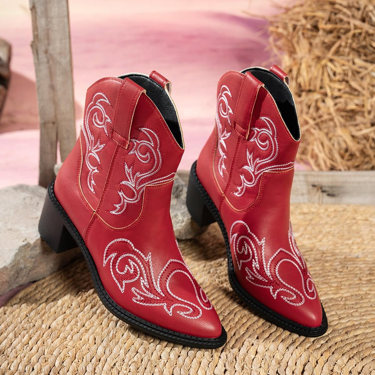 

Европейская и американская мода вышитые женские ботинки большого размера ковбойские ботинки в западном стиле маленькие остроносые тотемные декоративные женские короткие ботинки и ботильоны 43 красный