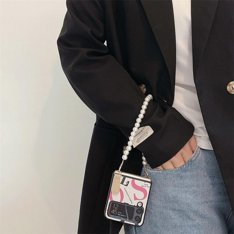 Applicable To Samsung ZFlip3 Folding Screen Mobile Phone Case, Zebra Pattern Pearl Lanyard Zflip4 Portable Wristband Protective Case