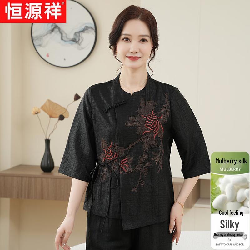 Hengyuanxiang Women s 100% Mulberry Silk Printed Short-Sleeve Shirt 4XL чёрный