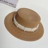Internet Celebrity French Hepburn Style Flat Top Hat Women's Spring Summer Elegant Pearl Straw Hat Seaside Vacation Beach Sun Hat