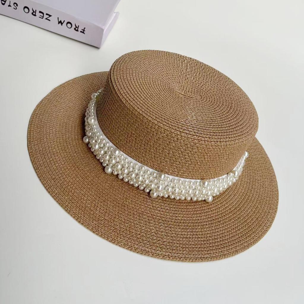 Internet Celebrity French Hepburn Style Flat Top Hat Women's Spring Summer Elegant Pearl Straw Hat Seaside Vacation Beach Sun Hat