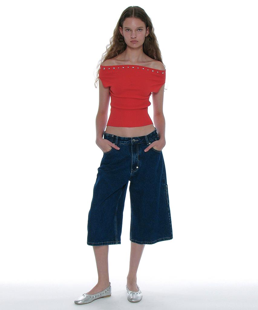 PARTIMENTO WOMEN Studded Off-Shoulder Knit Top_Red