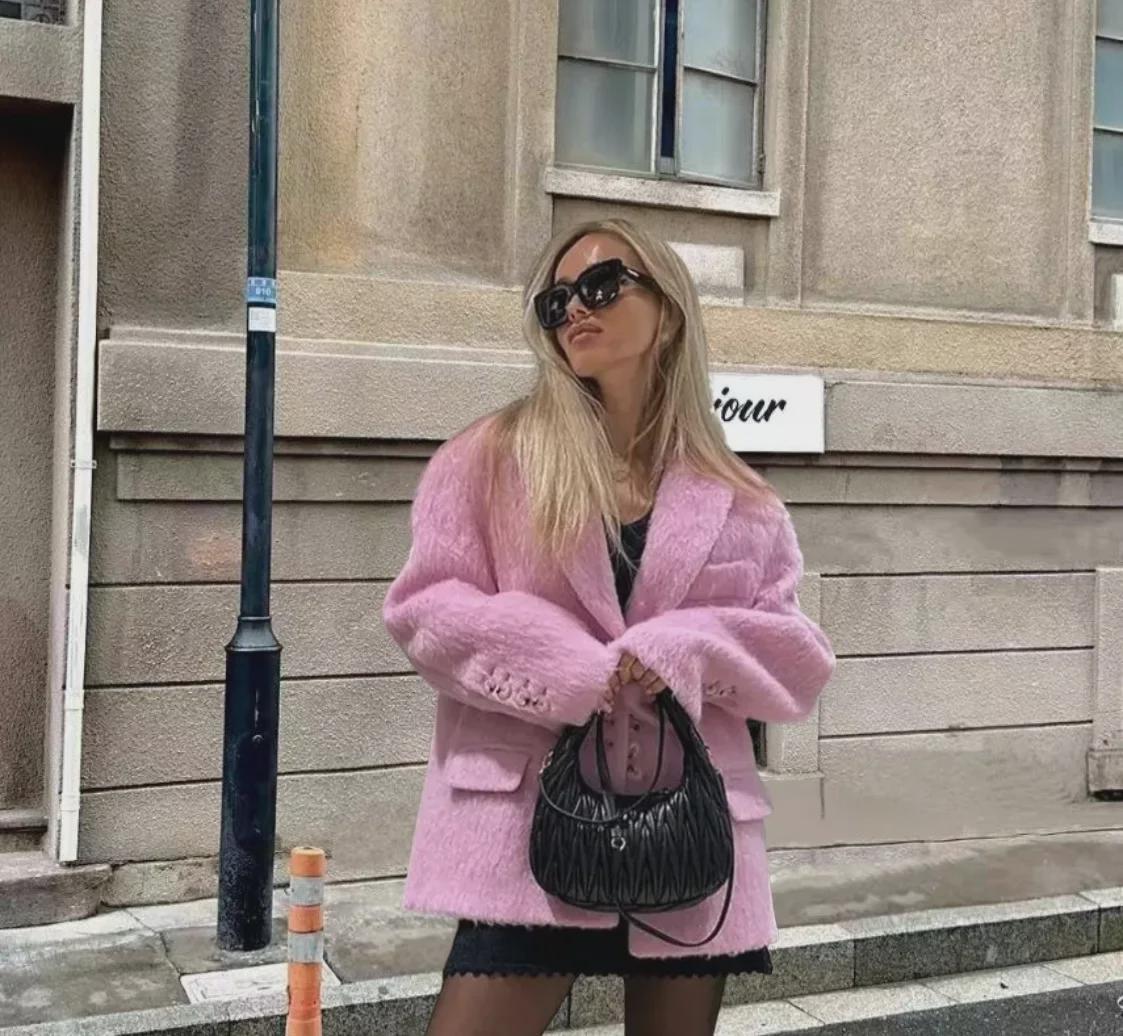 

Элегантное однобортное женское пальто с лацканами из плюша 2024 года на весну и осень Medium розовый