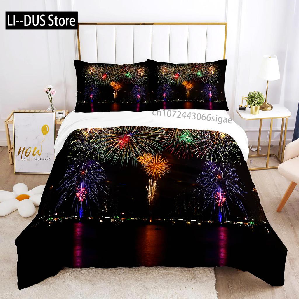 Colourful Fires Bedding Set Washed Cotton Firework Duvet Cover Queen Size Celebrate Merry Christmas Theme Soft Comforter Cover