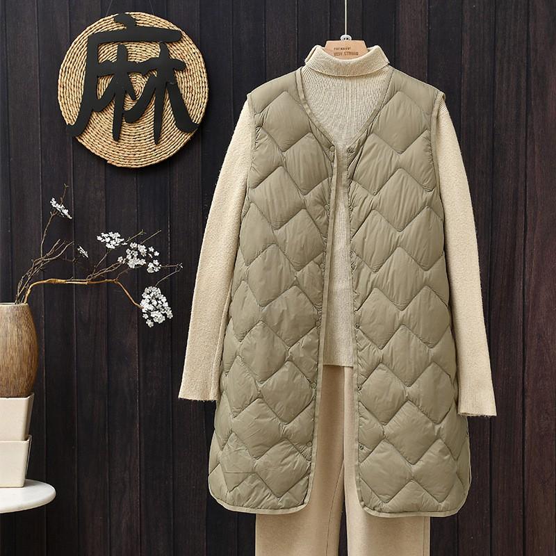 Womens Lightweight Down Vest Mid-Length V-Neck Sleeveless Puffer Waistcoat Winter Layering