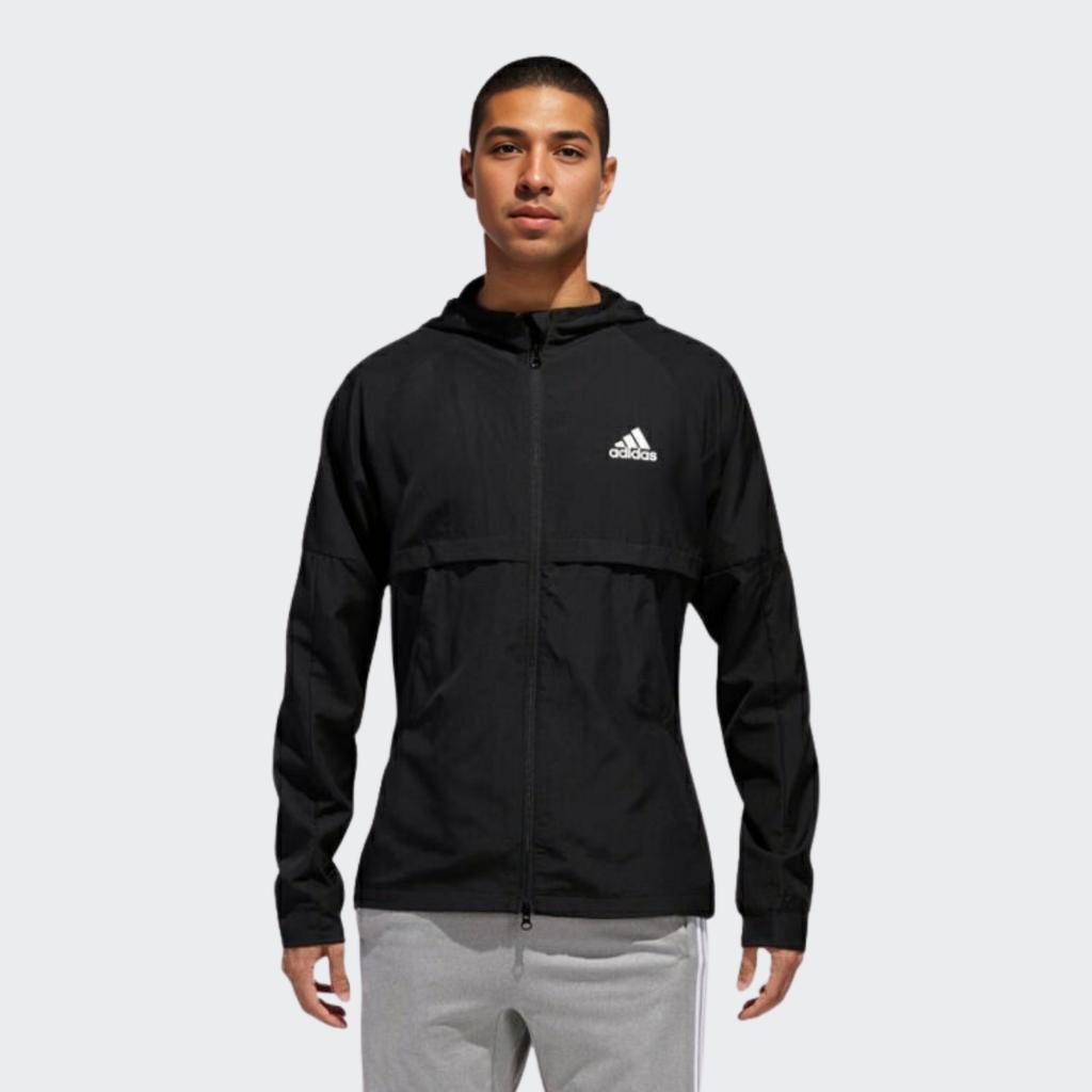 adidas Solid Color Logo Print Long Sleeve Hooded Zip Jacket Men Outerwear Black BR3381