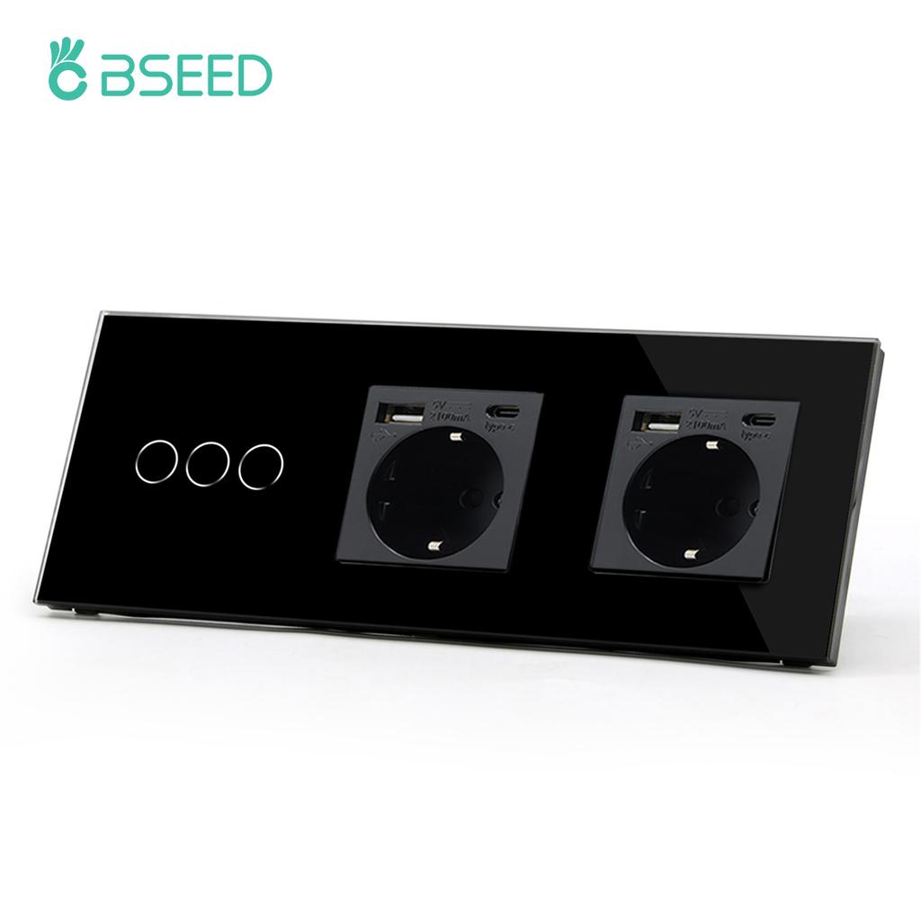 BSEED 1/2/3Gang Wall Touch Switch Double Light Switches 1Way Plus Type-c USB Sockets EU Standard Glass Panel Blue Backlight 10A
