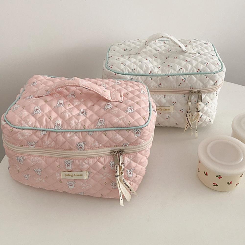 Korean Storage Organizer Printed Quilted Makeup Bag Flower Printed Cosmetic Pouch Large Travel Cosmetic Bag Makeup Accessory