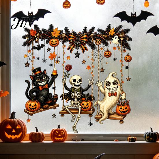 Waterproof PVC Seasonal Decals Halloween Window Clings, Static Decals, Removable Festive Wall Stickers, Durable Glass Art Supplies Animals/Ghost
