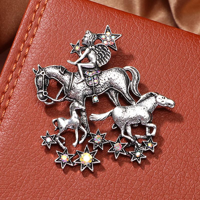 Vintage Angel Ride Horses Brooches For Women Unisex Metal Lucky Year Of The Horse Animal Office Casual Brooch Pins