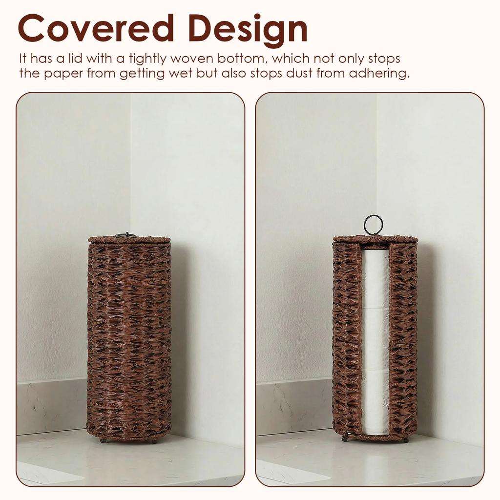 Standing Toilet Roll Holder Plastic Wicker Toilet Paper Storage Basket with Lid Dustproof Toilet Tissue Organizer for Decoration