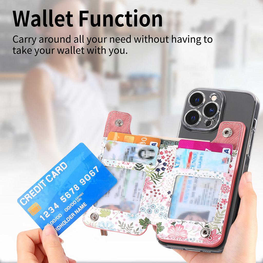 1Pc Flower Painted Phone Case Card Holder With PU Leather Back Sticker Card Bag Portable Adhesive Universal Zipper Wallet Deskto