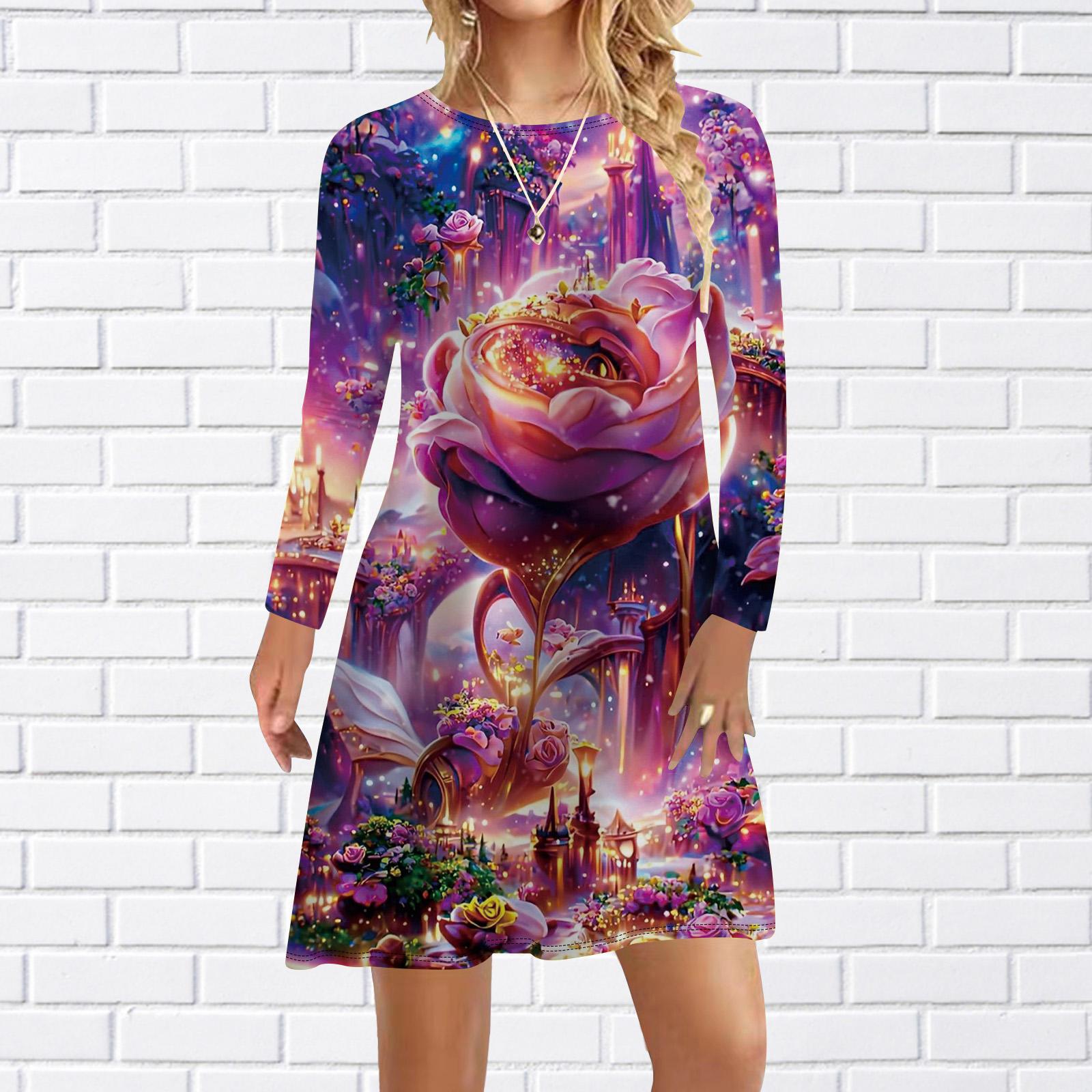 

Женское повседневное платье осеннее черное прохладное платье с принтом роз для женщин с круглым вырезом и коротким рукавом платье больших размеров XS розовый