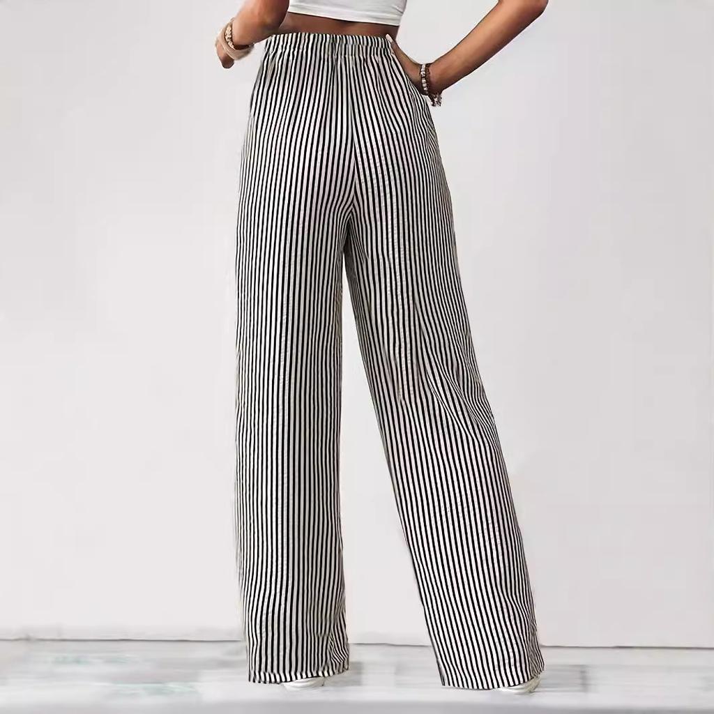 women's Striped Drawstring High Waist Wide Leg Pants Casual Loose Straight Leg Trousers