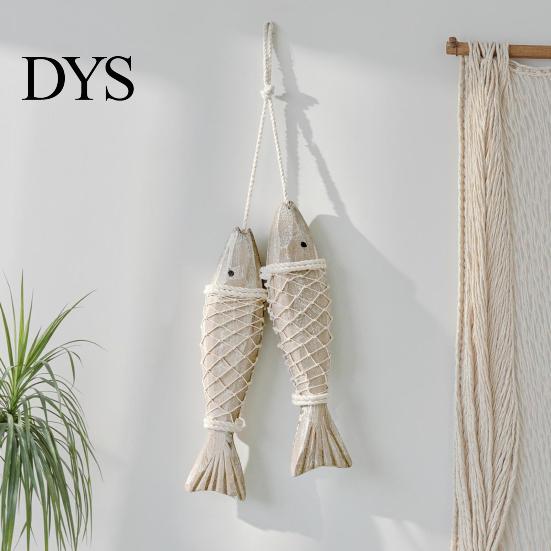 Seaside Wall Hanging Rustic Nautical Wooden Fish Decor, Coastal Beach Style Home Decor Ornament with Fishing Net for Lake House, Bedroom, Bathroom