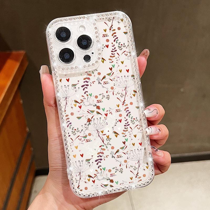 Diamond Frame Clear Anti-Fall Phone Case For iPhone 16E 16 Pro 15 Pro Max 14 13 12 11 Floral Print Soft Silicone Shockproof Bumper Cover