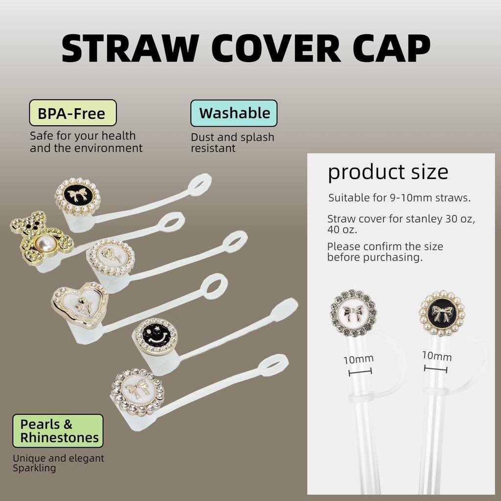 6 Pcs Bling Straw Covers Cap for 30&40 Oz Stanley Cup, 10mm (0.4inch) Gold Black White Silicone Toppers for Water Tumblers,Cute Reble Straw Tip Lids