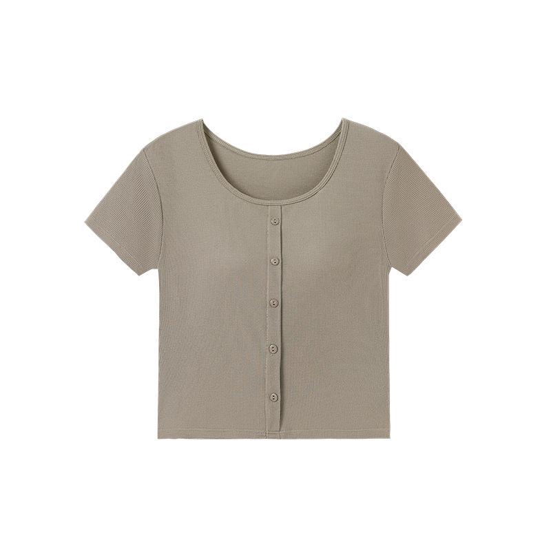 Modal Women's Short Sleeve Padded Top with Pajama-Style Back - Ribbed Base Layer for Inner or Outer Wear