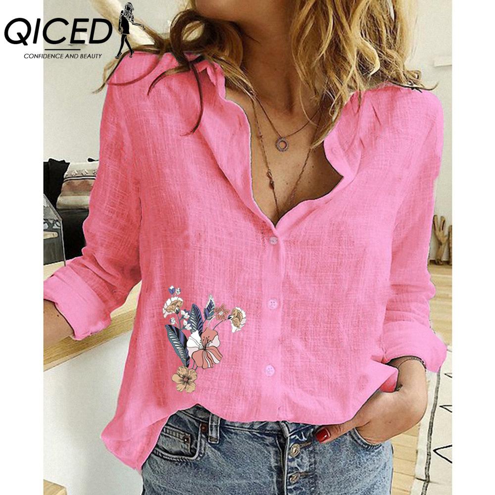 

QICED Женские модные повседневные блузки и рубашки с длинным рукавом и принтом «Ипомея» с воротником поло XXXXXL розовый