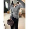 Super Flattering Slim Fit Grey Lapel T-Shirt for Petite Women, Autumn/Winter 2025