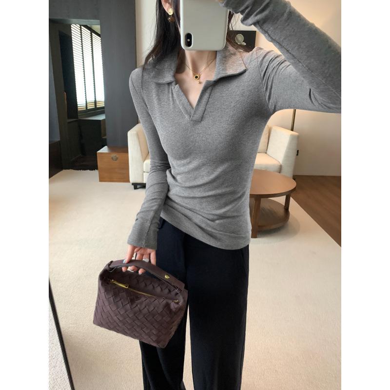 Super Flattering Slim Fit Grey Lapel T-Shirt for Petite Women, Autumn/Winter 2025