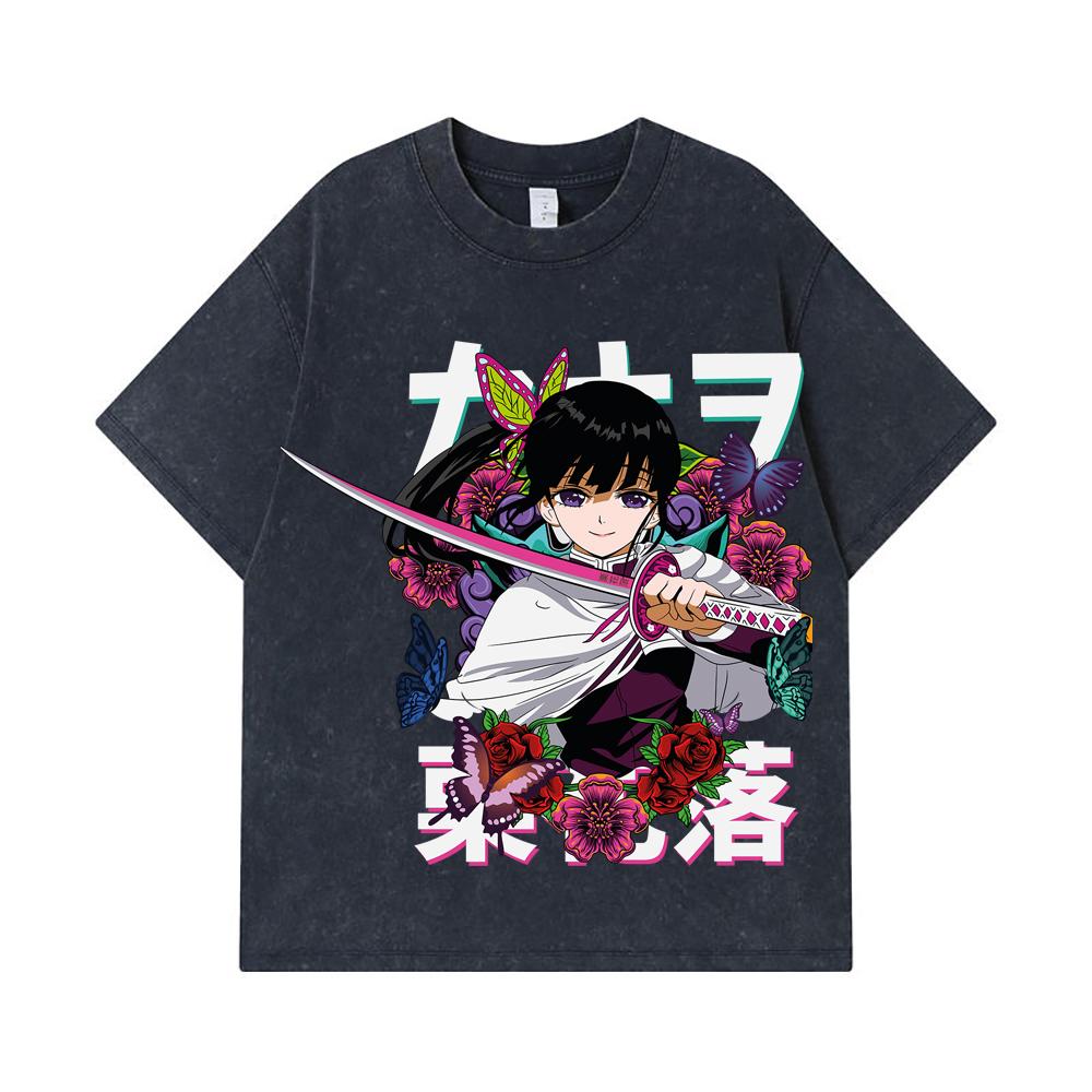 275 GSM Washed T-shirts 100% Cotton Demon Slayer V99 Kanao Print Unisex Heavy Cotton T Shirt