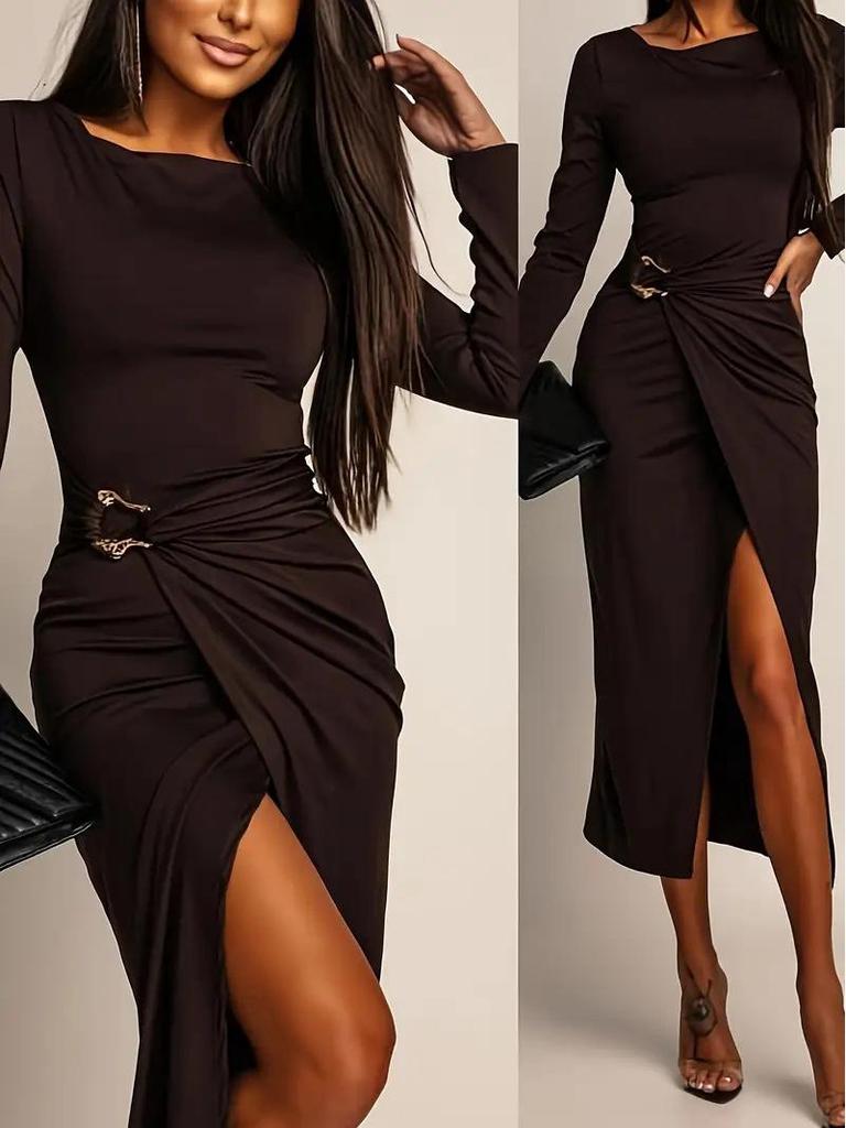 Elegant Retro Slim Fit Skirt with Waist Pleats & Metal Accents
