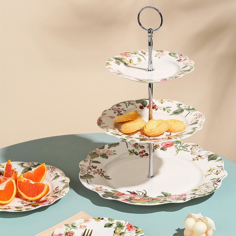 Creative European Camellia Multi-Layer Ceramic Fruit Plate Living Room Coffee Table Candy Plate Afternoon Tea Dim Sum Rack Cake Plate