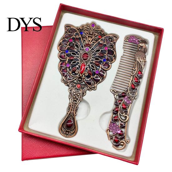 Vintage Peacock Hair Comb Mirror Set, Embossed & Handheld Rhinestone Makeup Mirror, Hand with for Women Retro Carved