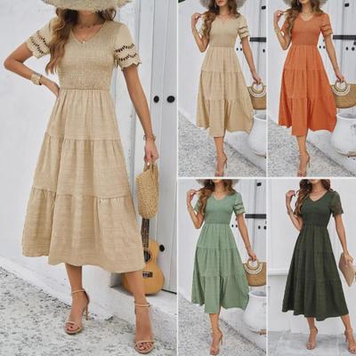2024 Women Summer V Neck Short Sleeve Solid Color Dress European American Style Diyun Spring Fashion