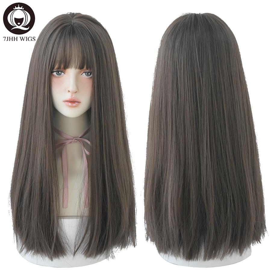 7jhhwigs Long Straight Synthetic Light Brown Wigs With Bang For Women Heat-resistant Daily Use Hair  Sell Whole Wigs