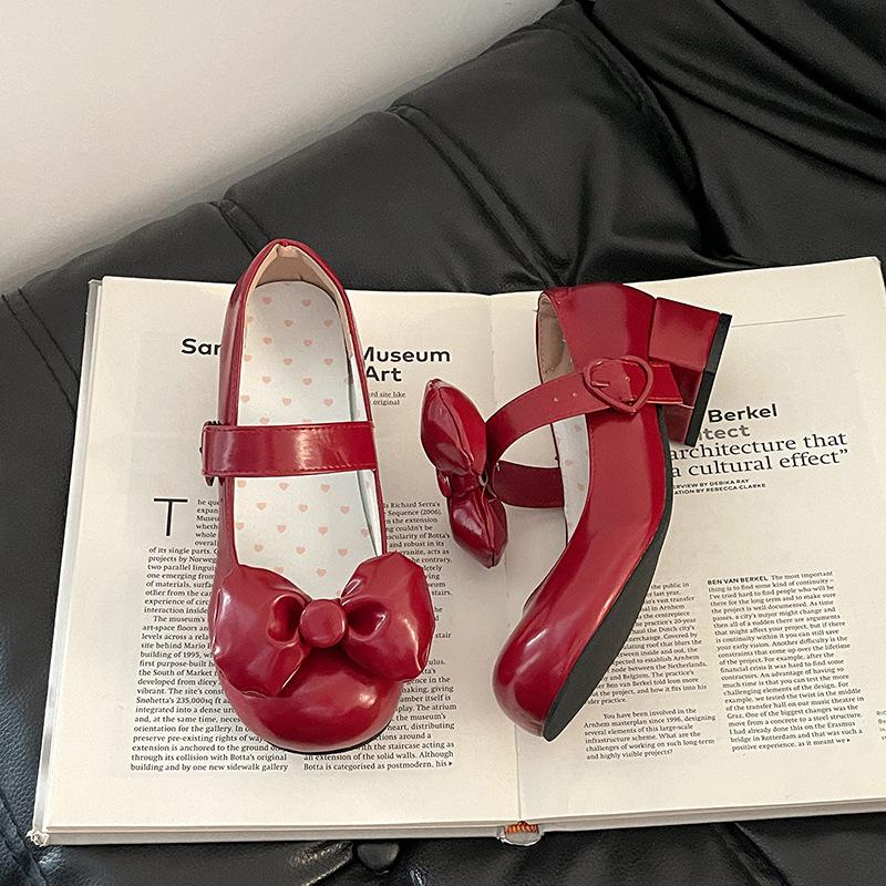 Fashion high-heeled Mary Jane shoes women's summer design sense small leather shoes removable bow with skirt thick heel single shoes