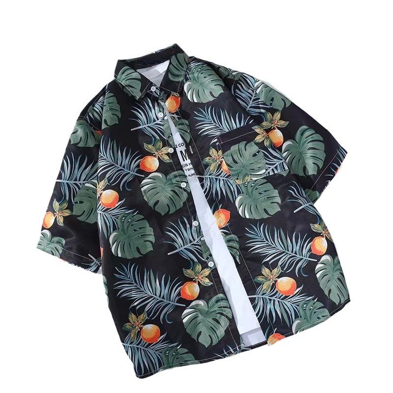 Retro Baumblatt Ananas Floral Kurzarm Sommer Vielseitig Unisex Strandhemd