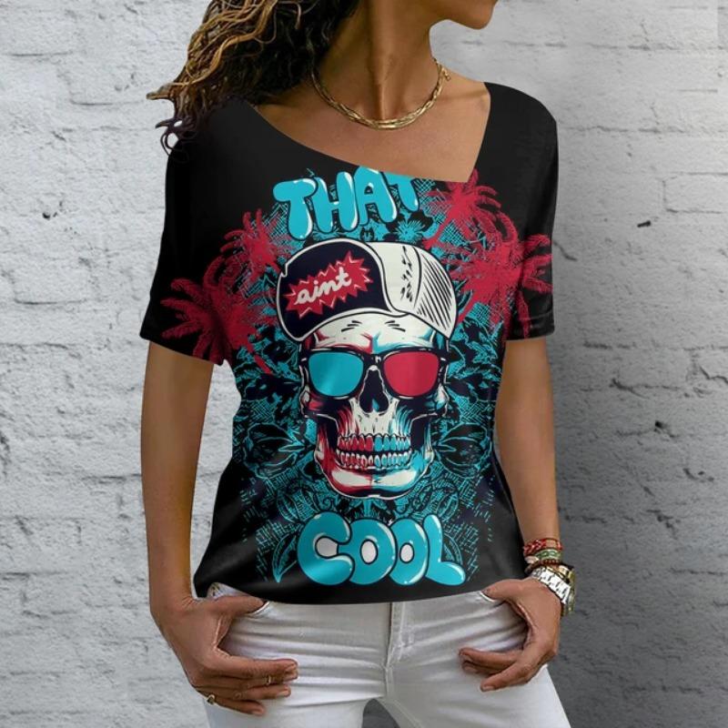 Vintage Skull Women's T Shirt 3D Printed Skew Collar Blouses Casual Short Sleeve Pullover Tops Summer Oversized Clothes Tees
