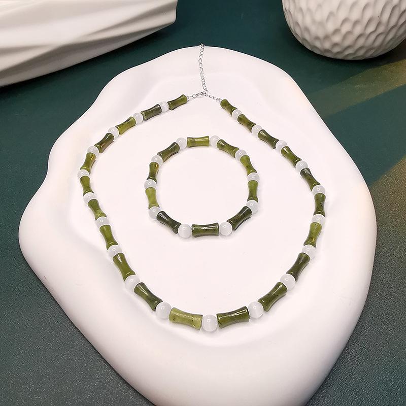 S925 Silver Bamboo-Style Necklace with Natural Olive Jade & Cat's Eye Beads: New Chinese Style for Men & Women