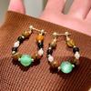 Retro Green Crystal & Tiger Eye Hoop Earrings with Pearls - Autumn/Winter National Style for Women