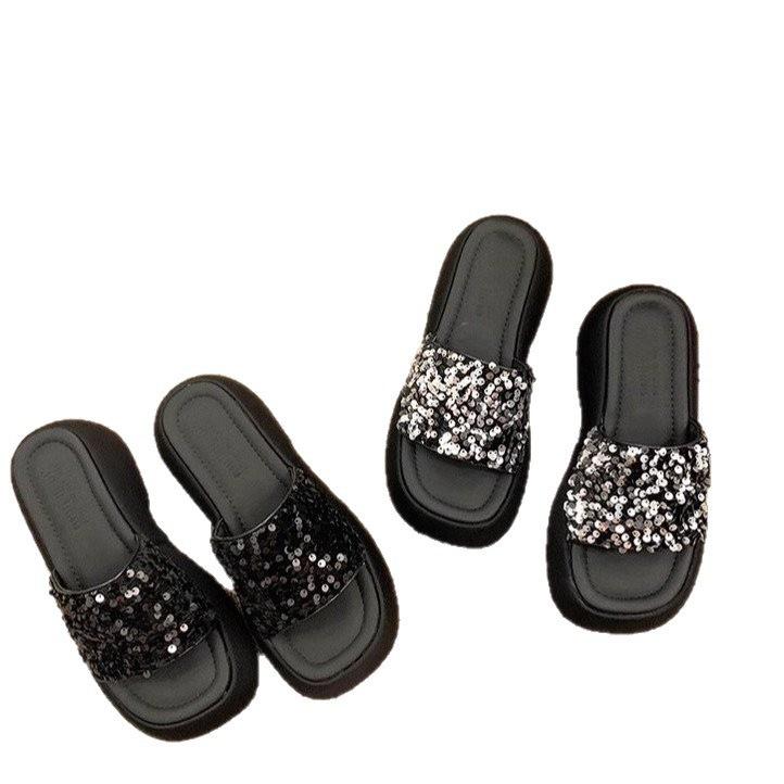New high-end platform sandals half-mop summer outer wear sequined muffin bottom one-word shoes