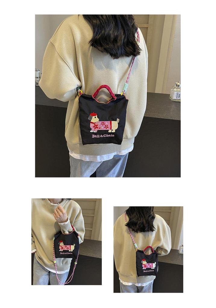 Korean Embroidered Dachshund Cartoon Women's Fashion Handbag - Versatile Color Block Shoulder and Crossbody Bag