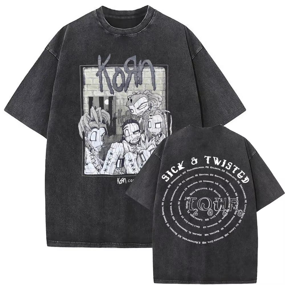 Washed Vintage Alternative Nu Metal Rock Band Korn Print Tshirt Men Oversized T-shirts Male Fashion T Shirts Y2k