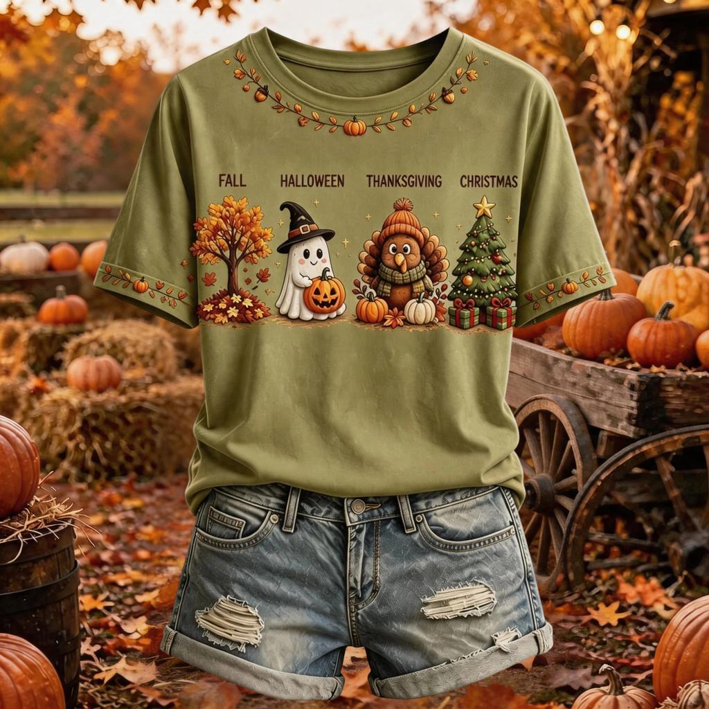Women's Fall Themed Short Sleeve T-Shirt for Casual Wear