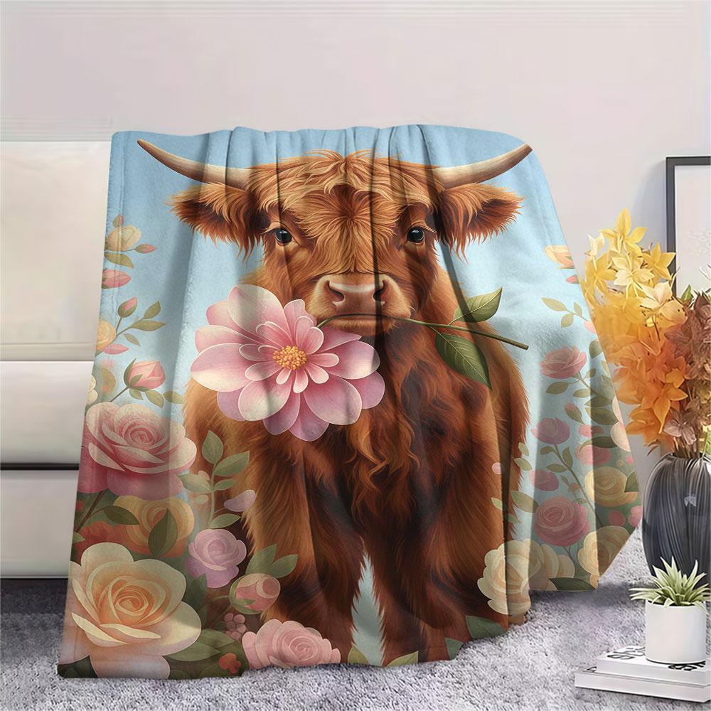 1Pc Cuteflowersanimals Print Flannel Blanket, High Quality Comfortable for All Seasons, Home Decor, Warmth and Comfort, Perfect for Christmas Gifts