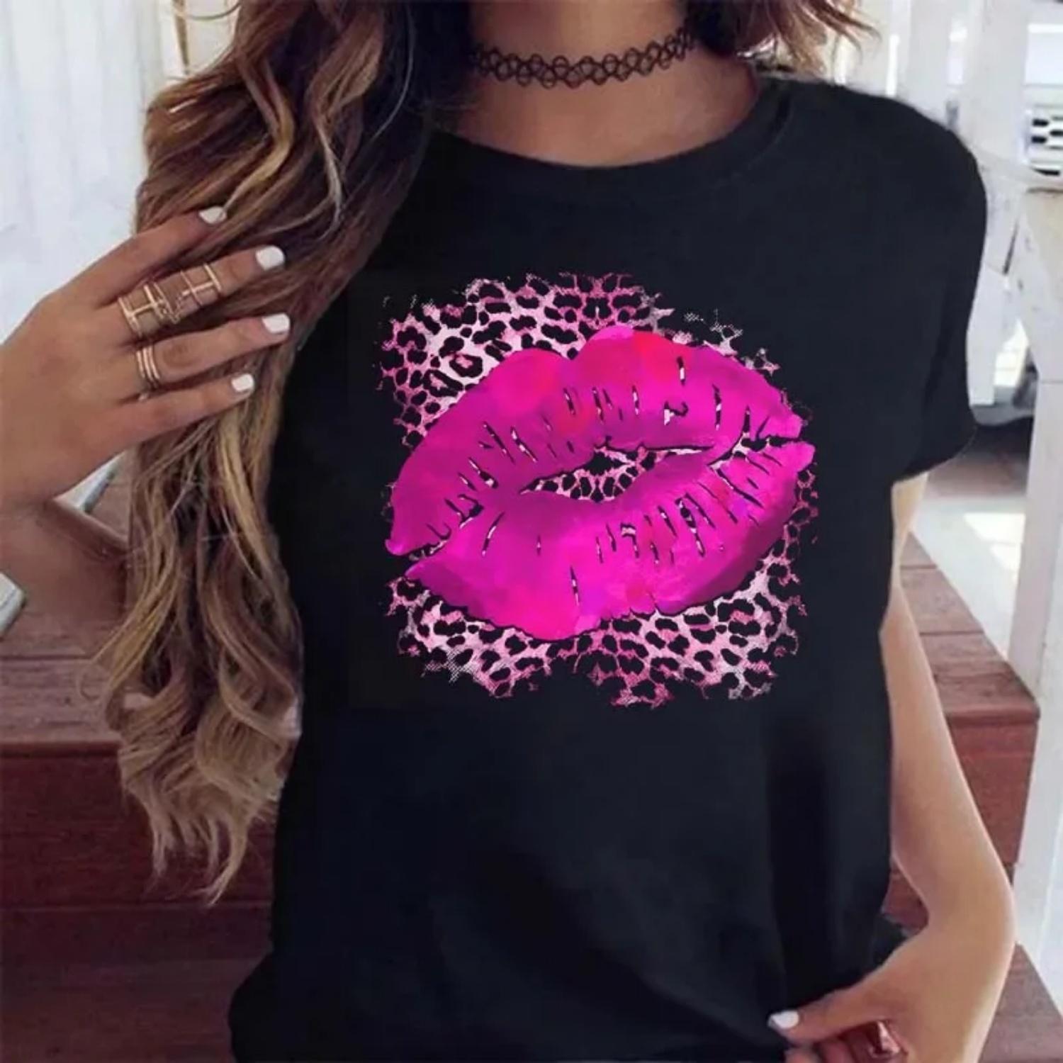 

New Women Pink Lips Leopard Graphic T Shirt Casual Fahion O-neck Sexy Black Tees Kiss Lip Funny Girls Tshirt Drop Shipping S чёрный