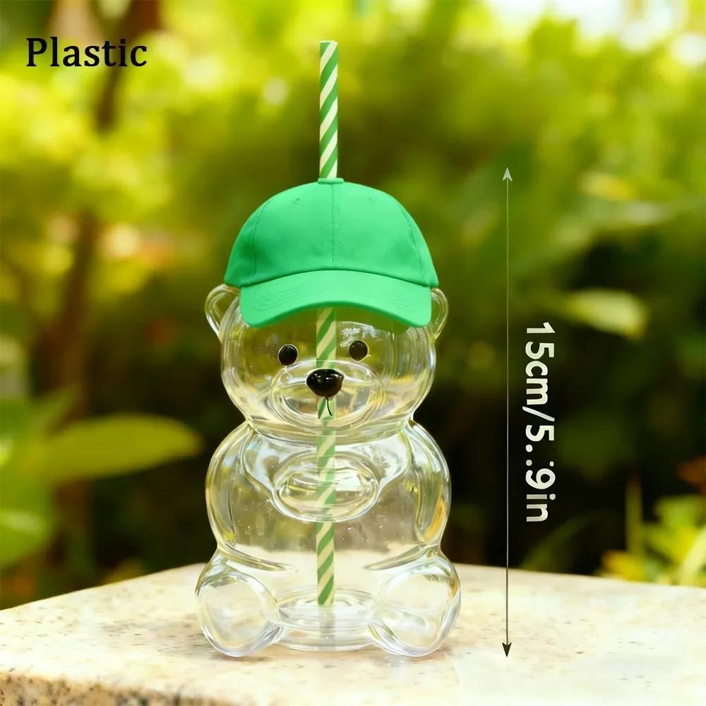 Cute 2025 Bear Plastic Cup with Lid Large Capacity Glass Cup with Straw Transparent Teddy Bear Plastic Cup Parties