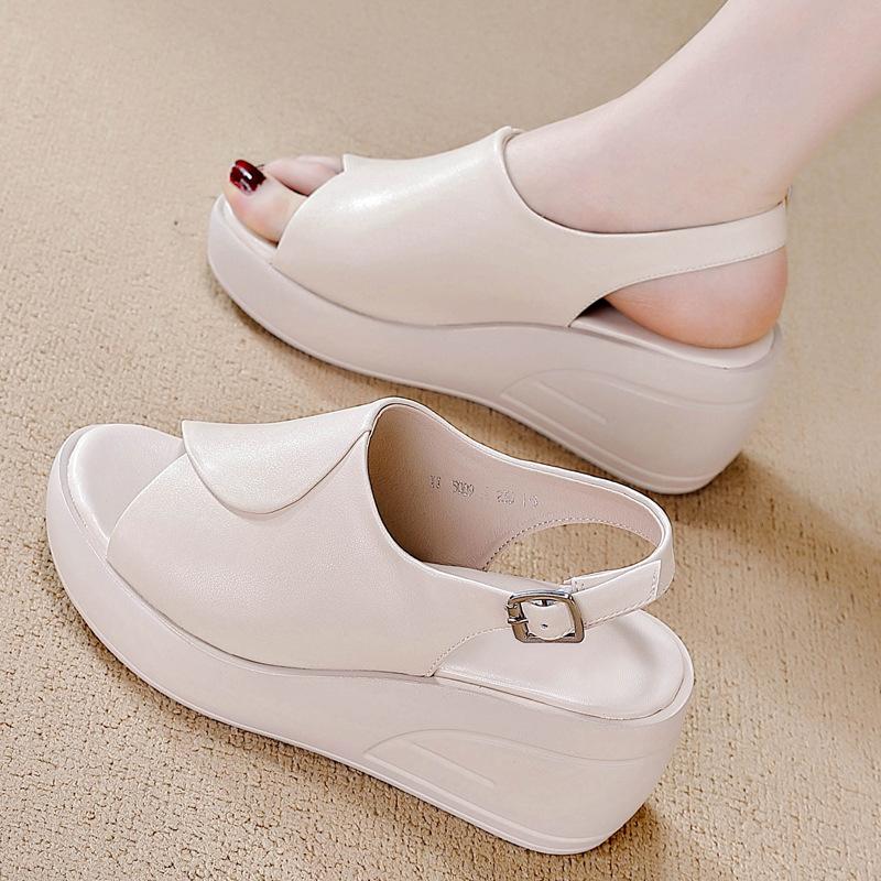

Leather platform sandals women s summer new versatile one-word drag fashion casual one-word with wedge heel cool slippers 40
