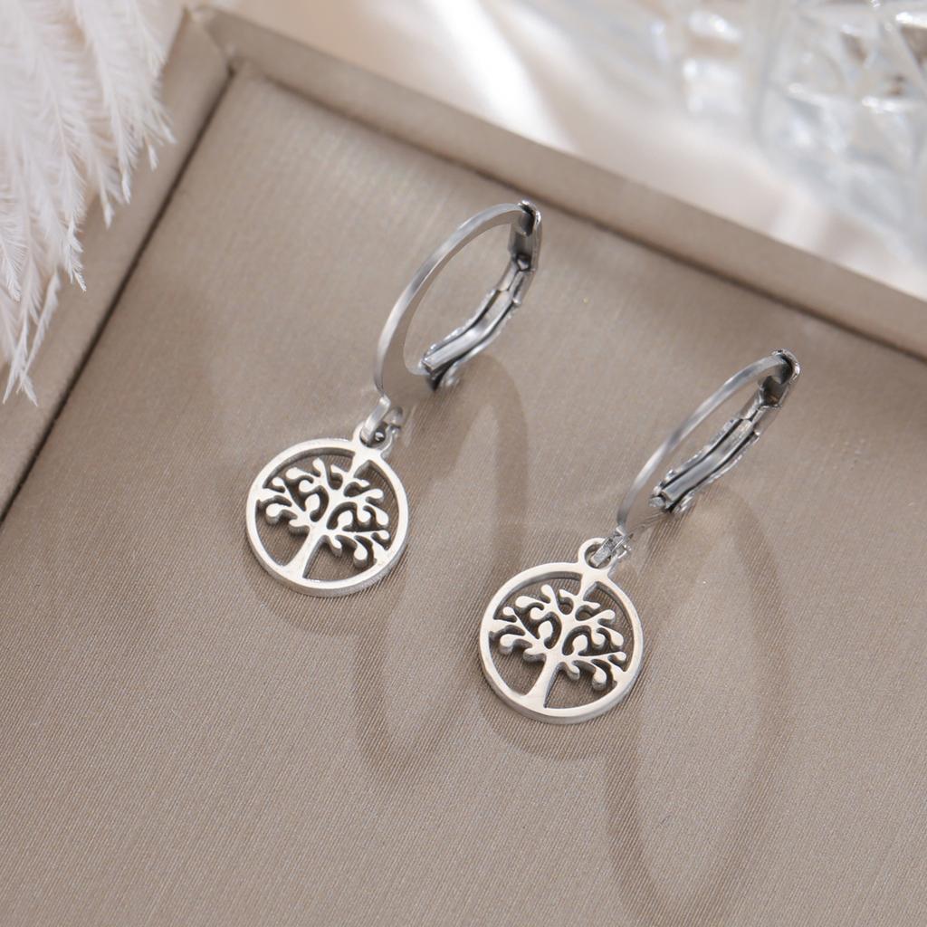 Tree of Life Round Drop Earrings Stainless Steel Hoop Earring Fashion Amulet Jewelry Birthday Gift for Women Girls