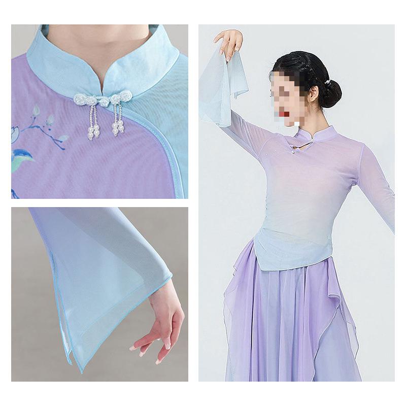 Purple Gradient Classical Dance Qipao Dress - Flowing Collar Performance Costume for Women