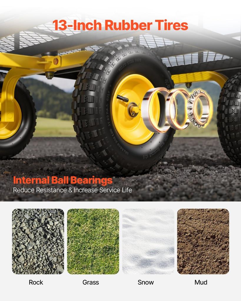 Steel Garden Cart, 544 Kg Heavy Duty Pullable Garden Wagon Yard Cart, 2 In 1 Outdoor Metal Utility Wagon Yard Trailer with 330 Mm All Terrain Tires,