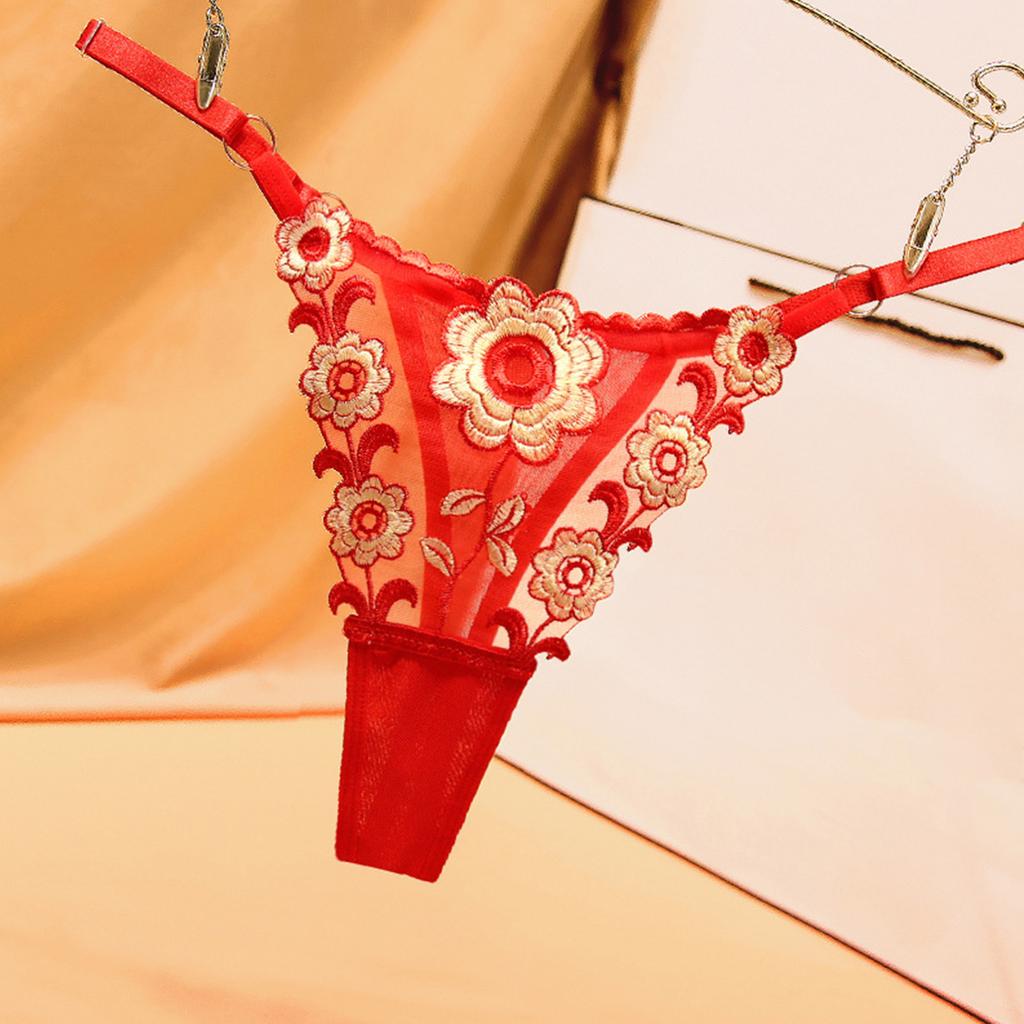 2 Pcs Women Thong Floral Embroidery See-through Lace Briefs